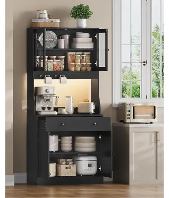 Produktbild von Küchenschrank mit Arbeitsfläche, Sideboard mit LED, Steckdose, Glas, Schwarz 80x40x180cm