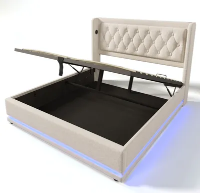 Produktbild von Flieks Polsterbett 140x200cm mit USB & Typ-C, Doppelbett Jugendbett mit LED, Hydraulisches Stauraumbett Boxspringbett mit Lattenrost, Baumwolle, Beige