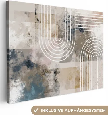 Produktbild von MuchoWow® - Leinwandbilder - Abstrakt - Kunst - Linien - Weiß - Blau - Beige, Wandbild, Wanddeko Bilder Wohnzimmer, 120x90cm