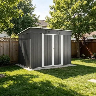 Produktbild von Metall Gerätehaus Gartenschuppen Pultdach 242x126x182cm Grau wetterfest rostbeständig abschließbare Tür Belüftung Bodenrahmen für Garten Terrasse Hof