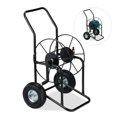 Produktbild von Relaxdays Schlauchwagen, fahrbare Schlauchtrommel, 1/2" & 3/4" Anschluss, bis 80 m Schlauch, 2 Räder, Metall, schwarz