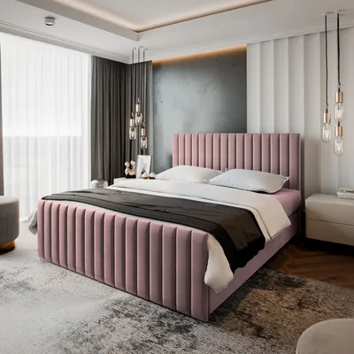A modern bedroom with a pink upholstered bed as the main focus.
