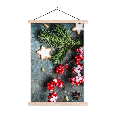 Produktbild von MuchoWow® Textilposter Weihnachten - Rustikal - Zweige - Sternanis - Beeren - Rot 60x90 cm mit holzfarbenen Rahmen - Textil