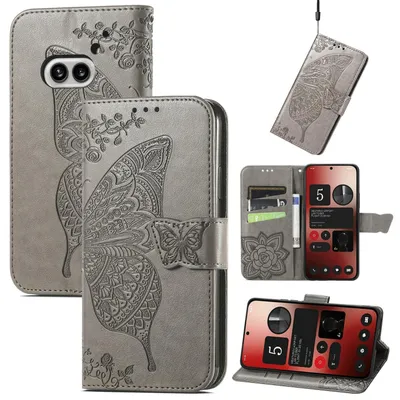 Produktbild von Für Nothing Phone 2a / Plus Kunstleder Wallet Handy Tasche Schmetterling Design Hülle Etuis Grau
