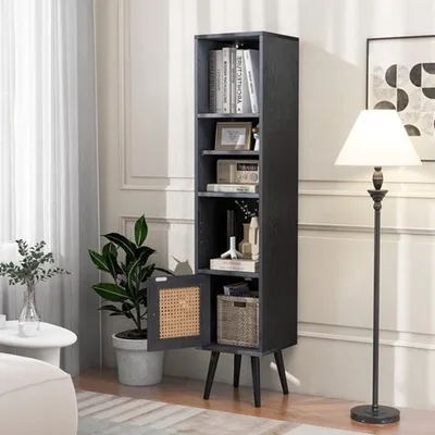Produktbild von Hoher Badezimmerschrank aus Holz und Rattan – Schmaler Schubladenschrank mit 4 Regalböden im Boho-Stil