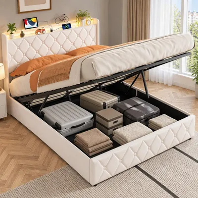 Image de Lit tapissé INONEFT, modèle coffre de rangement, 140x200 cm, avec éclairage LED et ports USB, lit pour adolescents avec système de levage hydraulique, structure de lit avec sommier à lattes, revêtement en velours, couleur beige