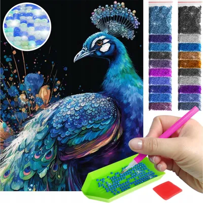 Produktbild von ARTULIO - Diamond Painting Set - Pfau in blauen Farbtönen - 40 x 30 cm - AB Diamant - 5D Diamant Painting, Home Wand Deko, Bilder DIY