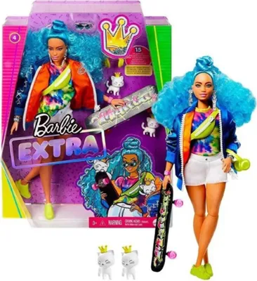 Produktbild von Barbie Extra Puppe mit blauen Haaren und Skateboard, inkl. Haustier