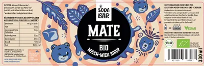 Produktbild von SodaBär  Mate Sirup, 330 ml, Mate tea, Wasser, Rübenzucker*, Zitronensaft*, Extrakt aus Mate-Tee* (enthält natürliches Koffein aus Mate), 44 kcal, 11 kJ, 2,5 g