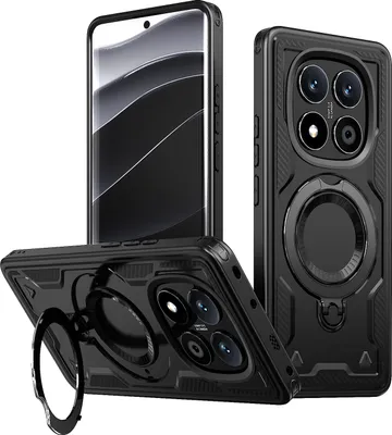 Produktbild von Dual Layer Hülle für Xiaomi Redmi Note 14 Pro Metall Ring Ständer Magnetisch Stoßfest Militär Handyhülle Schwarz