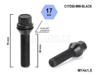 Obrázek produktu pro Kolový šroub M14x1,5x50 kužel pohyblivý, černý, klíč 17, C17D50-MW-BLACK, výška 76 mm