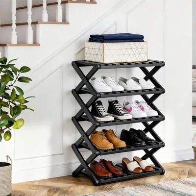 Zdjęcie produktu dla Półka na buty bambusowa, 5 poziomów, składana, bez konieczności montażu, wymiary: 49x26x91 cm, kolor: czarny