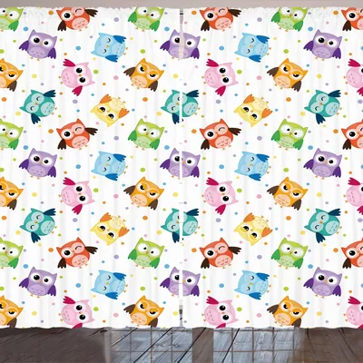 Produktbild von ARANDE Kindergarten Gardine, Punktierte Hintergrund-bunte Eulen-verschiedene Gesichtsausdrücke verärgertes glückliches verwirrt, 280 x 175 cm, Mehrfarbig