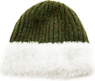 Produktbild von Strickmütze mit weißem Plüsch Wintermütze OneSize für Uni mit Innenfutter Grün