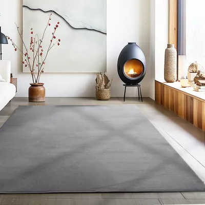 A modern living room with a fireplace, artwork, and a large rug.