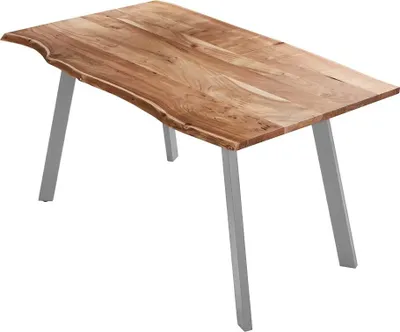 Produktbild von Esszimmertisch 160x85 cm Laxmi, echte Baumkante, naturfarben, massiver Esstisch aus Akazienholz, Baumkantentisch mit Vier Metallbeinen Silber