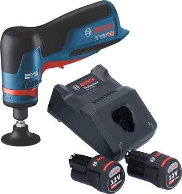 A Bosch cordless angle grinder set with batteries and charger on a white background.
