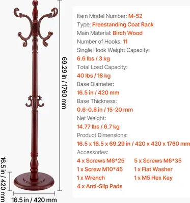 A freestanding wooden coat rack with specifications listed next to it.