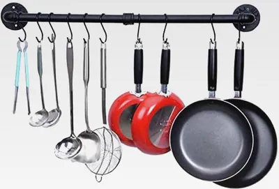 Produktbild von Topfregal Wandhalterung, Pfannenaufhänger Stange mit 10 Haken, Küchenutensilienregal Organizer, Topfhängeboden, Schwarz