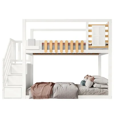 Produktbild von Etagenbett mit 2 Liegeflächen, Treppe und Lattenrost, 90x200 cm, Kinderbett mit Rausfallschutz und Stauraum, Kiefer