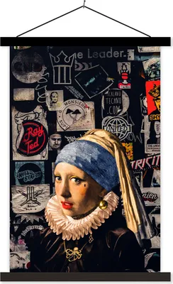 Produktbild von MuchoWow® Textilposter Mädchen mit Perlenohrring - Tattoo - Gold 120x180 cm mit schwarzem Rahmen - Fotos
