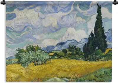 Produktbild von MuchoWow® Wandteppich Wandbehang Weizenfeld mit Zypressen - Vincent van Gogh 90x67.5 cm Tapisserie Dekoration Wandtuch - Fototeppich - Wand-Skulpturen