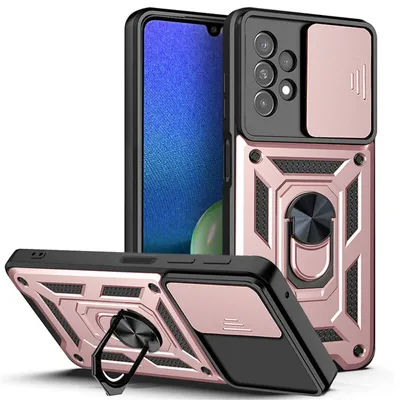 A rose gold and black phone case with a sliding camera cover and a ring stand, shown from multiple angles.