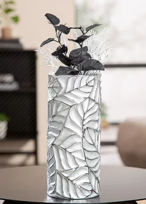 Produktbild von Gilde Vase, zylindrisch, Faggio, Blattmotiv, Keramik, silberfarben, VE 3, D. 11 cm Höhe: 25.00 cm Durchmesser: 11.00 cm 58226
