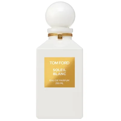 A white bottle of Tom Ford Soleil Blanc Eau de Parfum.