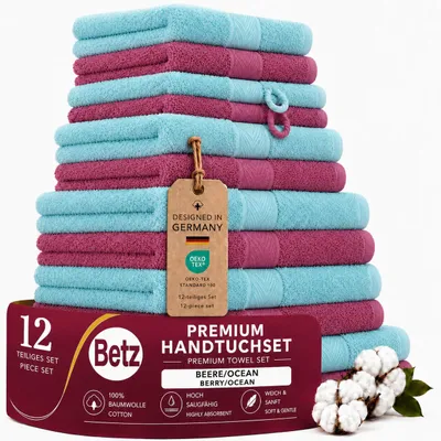 Produktbild von Betz Premium Handtuch-Set 12-teilig – 100% Baumwolle – ®  – hohe Grammatur – Duschtücher, Handtücher, Gästetücher,WH - beere/ocean, KI-generiertes Bild