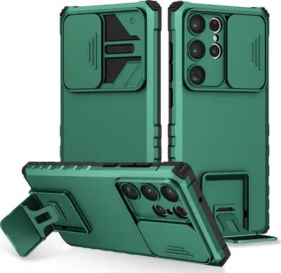 Produktbild von Galaxy S23 Ultra Hülle, Dual Layer Ständer Schutzhülle mit Schiebe Kamera Schutz für Samsung Galaxy S23 Ultra Grün