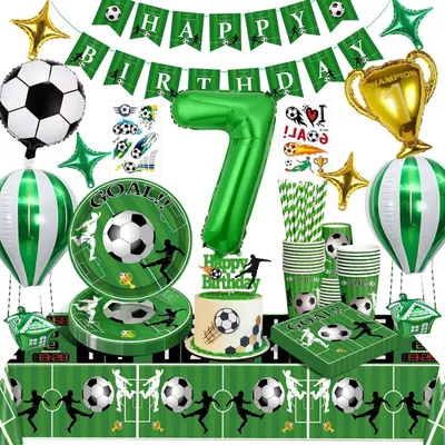 Produktbild von Fußball Party Deko Set für 7. Geburtstag Kinder Jungen mit Luftballons, Papptellern, Bechern, Servietten, Tischdecke & Banner