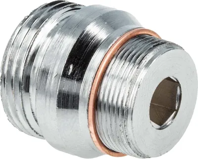 A close-up studio shot of a metal adapter with threads and a copper ring.