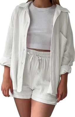 Produktbild von Musselin Baumwoll-Zweiteiler für Damen - Leichtes Sommerhemd und Shorts - Lässiges und Schickes Strand-Outfit - Bequemes Freizeitset für Frauen
