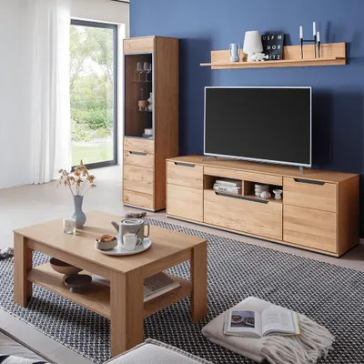 Produktbild von Wohnmöbel Set in Eiche teilmassiv mit Couchtisch, Vitrine & LED-Beleuchtung, 4-teilig - AVESTA-06