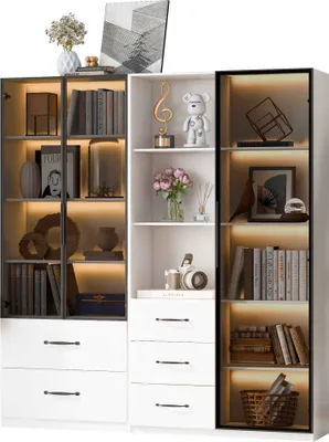 Produktbild von AIORBER LED Vitrine 140x40x160 cm Bücherregal und Aufbewahrungsschrank mit Glasfächern, Schubladen und LED Beleuchtung, Weiß