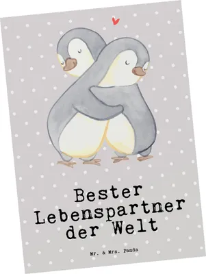 Produktbild von Mr. & Mrs. Panda Postkarte Pinguin Bester Lebenspartner der Welt - Grau Pastell - Geschenk, Grußkarte, Freundin, Partner, Ehefrau, Liebe, Hochzeitstag, Postkarten, Freund