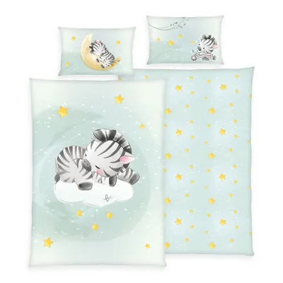 A collection of bedding items with a cute zebra illustration and stars.