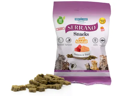 Obrázek produktu pro Serrano Snack for Cat-Salmon&Tuna-AntiHairball 50g