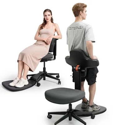 Obrázok produktu pre Ergonomická stojacia stolička 6 v 1 – kancelárska stolička – veľkosť M – s nastaviteľnou výškou – otočná – polstrovaná – s nastaviteľnou opierkou chrbta a hĺbkou sedadla – proti únave