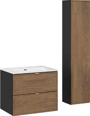 Produktbild von Badmöbel-Set 2-teilig mit 60 cm Waschtisch und Hochschrank in Eiche und schwarz - TARSIA-56