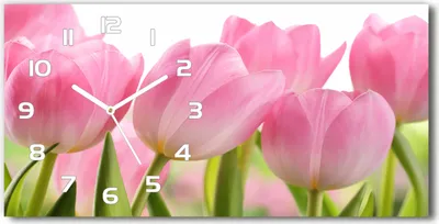 Produktbild von Wanduhr aus Glas – 60x30 cm - Glasbild - Glasuhr - Gehärtetes Glas - weisse-zeiger - Rosafarbene Tulpen