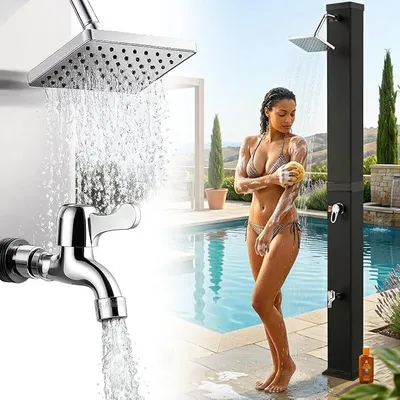 Produktbild von Solardusche Gartendusche 40 Liter - Warmes Wasser max. 60°C - Ohne Stromanschluss - Mit Fußdusche - Gartenschlauch-Anschluss - Pooldusche Solar Dusche Wasserhahn - Ocean in Schwarz