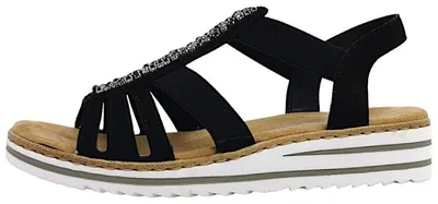Immagine prodotto di Rieker, sandali da donna, modello Morokko, con zeppa alta, color nero, ideali per il tempo libero