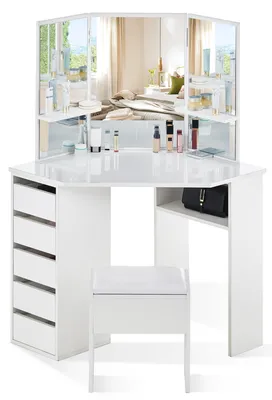 Produktbild von CLIPOP Schminktisch, Eckschminktisch, 114x55x140cm Frisiertisch mit 5 Schubladen, 3 Spiegel und Hocker