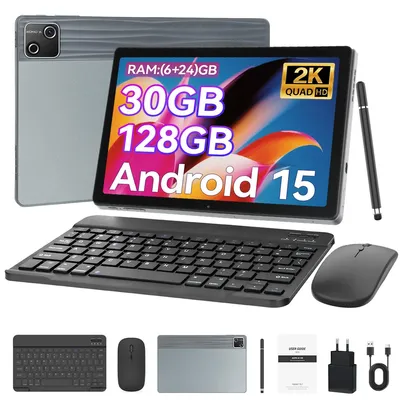 Obrázek produktu pro 10,1palcový tablet se stylusem, osmijádrový procesor, 30 GB RAM, 128 GB ROM, Android 15, rozlišení HD 1280×800, Widevine L1, 6200 mAh, šedý