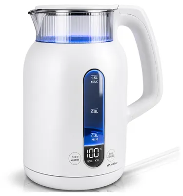 Produktbild von MalTec Wasserkocher mit Temperaturregelung 1,5L 40-100°C, LED Display, Warmhaltefunktion, 1500W, Edelstahl Heizelement, 360° Sockel Weiss