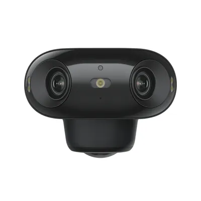 A black dual-lens security camera with a solar panel attachment, shown against a white background.