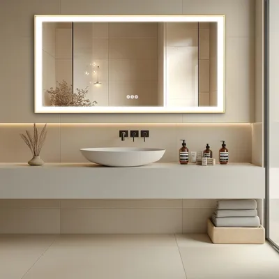 Image de Miroir de salle de bain - Miroir éclairé - Miroir LED - Miroir doré - Chauffage anti-buée