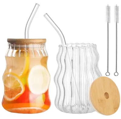 Gläser 500 ml mit Deckel & Strohhalm, 2er-Set, Borosilikatglas